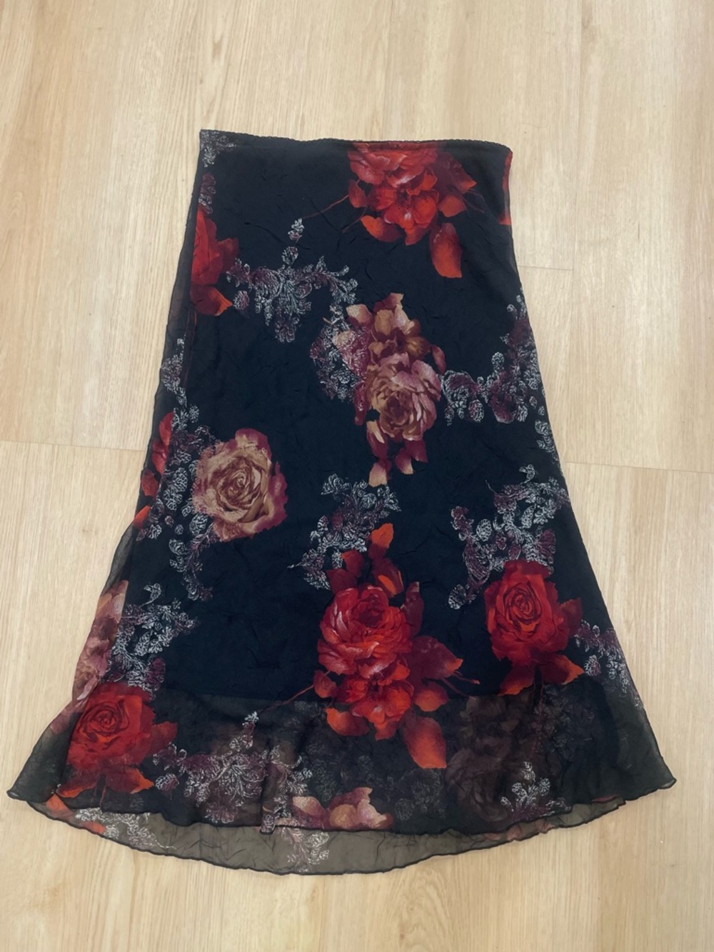 Vintage Y2K Necessary Objects black + red sheer floral midi skirt. Size: S